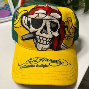 Vintage 90s - 00s Ed Hardy Christian Audigier Mesh Trucker Hat Green Yellow